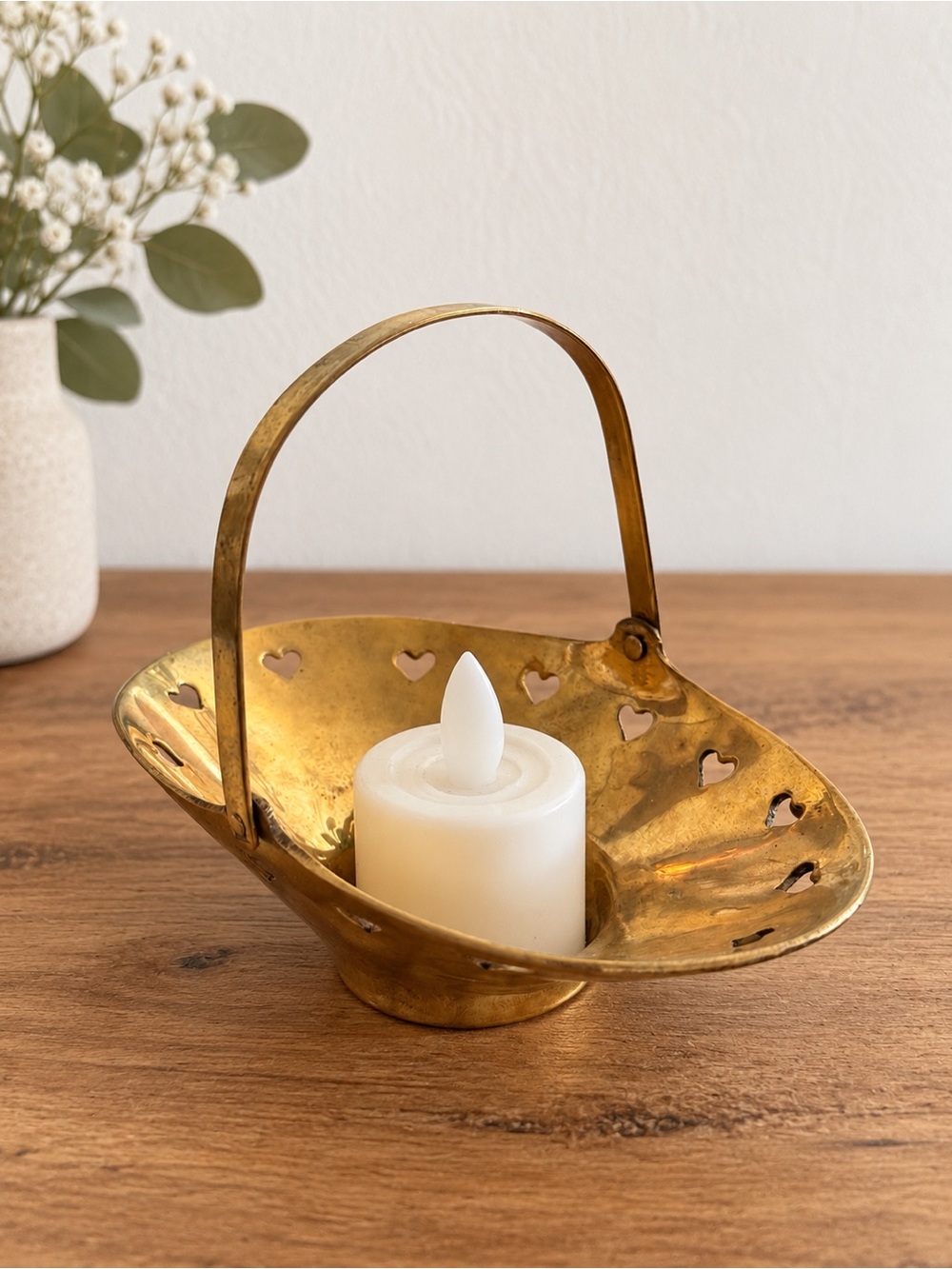 Brass Heart Cutout Basket Candle Holder - Gold